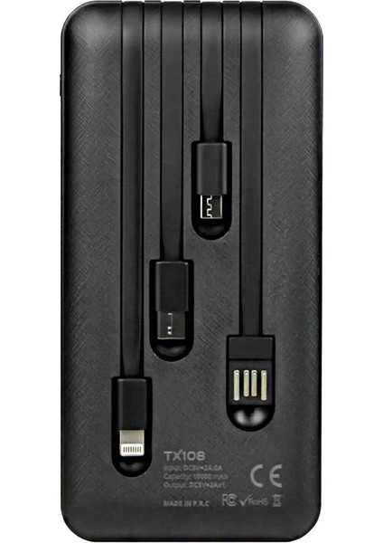 Powerway TX108 10000 Mah Siyah Göstergeli Ekstra Kablolu 4 Çıkışlı Powerbank