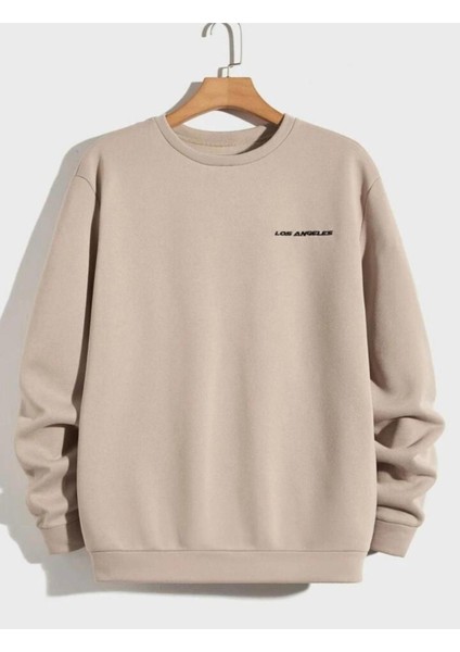 Bej Bisiklet Yaka Los Angeles Baskılı Sweatshirt