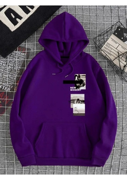 Mor New Moment Baskılı Oversize Kapşonlu Sweatshirt