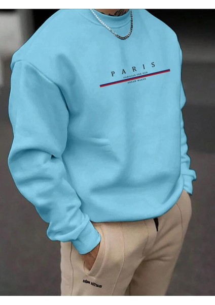 Erkek Paris Baskılı Bisiklet Yaka Sweatshirt