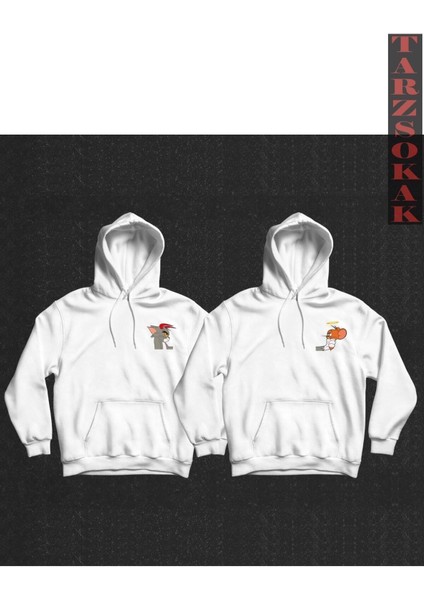 Tom ve Jerry Tasarımlı Sevgili Çift Kombin Kapüşonlu Sweatshirt 2'li