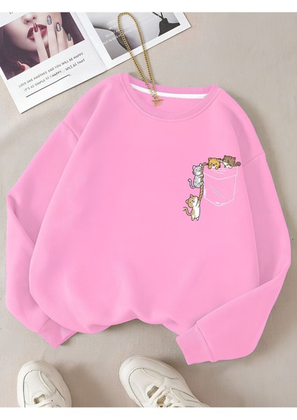 Kadın Renkli Cat Özel Göğüs Baskılı Oversize Bisiklet Yaka Sweatshirt