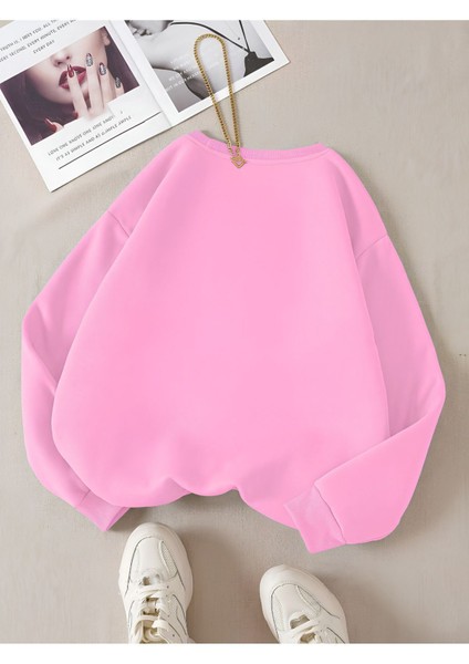 Kadın Renkli Cat Özel Göğüs Baskılı Oversize Bisiklet Yaka Sweatshirt