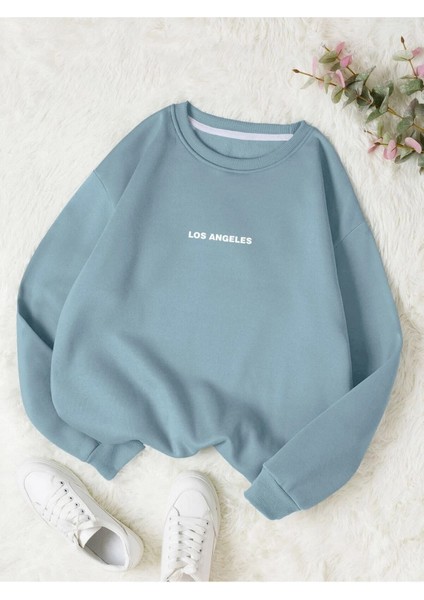 Los Angeles Renkli Oversize Bisiklet Yaka Pamuklu Sweatshirt