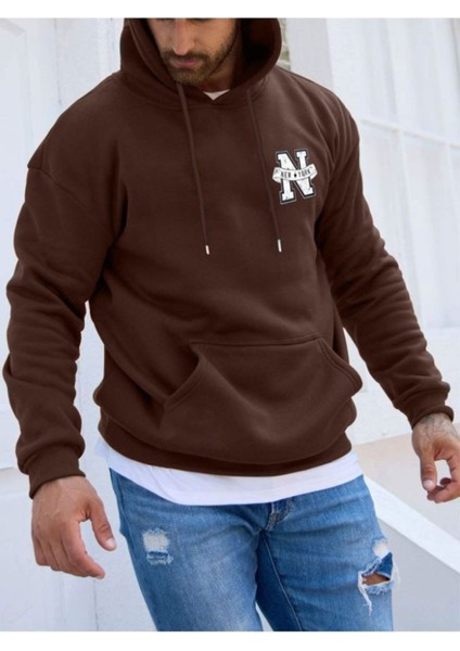 Erkek Kahverengi New York Baskılı Kapüşonlu Sweatshirt