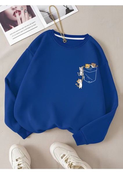 Kadın Renkli Cat Özel Göğüs Baskılı Oversize Bisiklet Yaka Sweatshirt