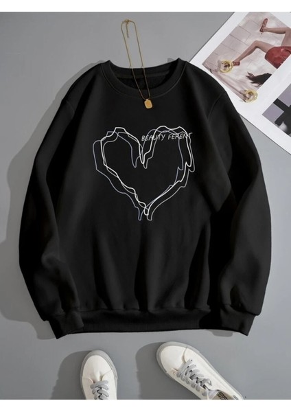 Oversize Lila 3 Kalp Baskılı Sweatshirt