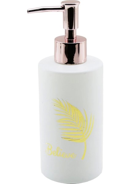Cam Yuvarlak - Beyaz Şişe--Gold Yaprak Desen Sıvı Sabunluk 350ML Bronz Plastik Pompa (4887)