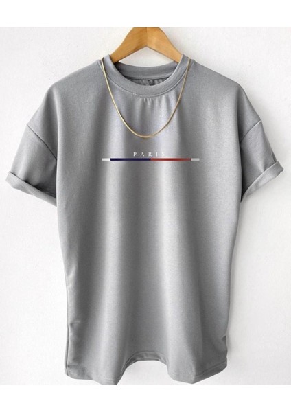 Unisex Göğüs Ince Çizgili Paris Baskılı Oversize Bisiklet Yaka Tişört