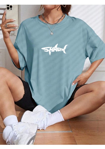 Unisex Kadın/erkek Shark Renkli Özel Baskılı Oversize Pamuk Bisiklet Yaka Penye T-Shirt