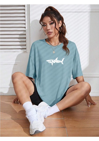 Unisex Kadın/erkek Shark Renkli Özel Baskılı Oversize Pamuk Bisiklet Yaka Penye T-Shirt indirimleri