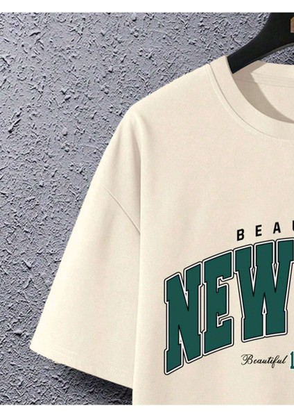 Unisex Beautiful New York Baskılı Oversize Boyamalı Tişört modelleri