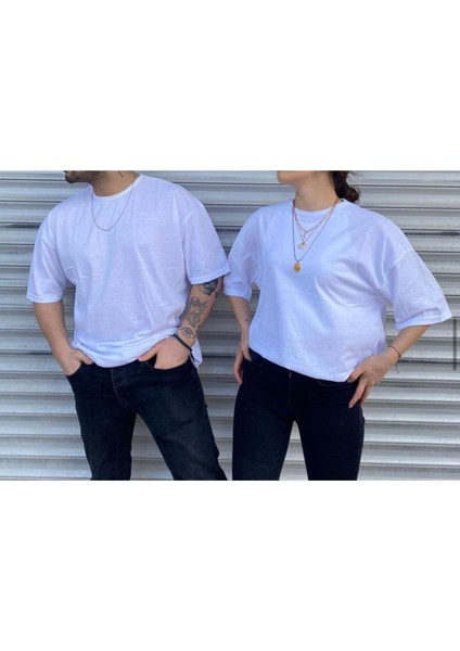 Unisex Oversize Bisiklet Yaka Sevgili Kombin 2 Li Paket Tshirt