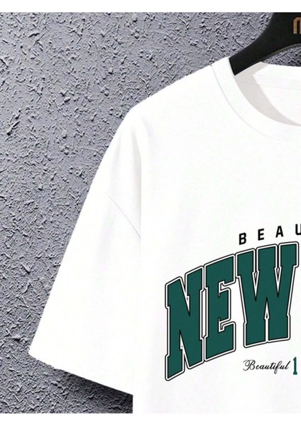 Unisex Beautiful New York Baskılı Oversize Boyamalı Tişört