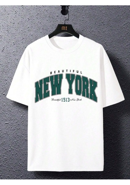 Unisex Beautiful New York Baskılı Oversize Boyamalı Tişört fiyatları