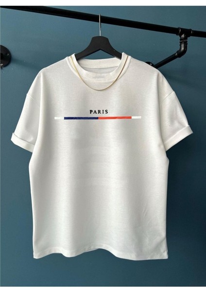 Unisex Göğüs Ince Çizgili Paris Baskılı Oversize Bisiklet Yaka Tişört