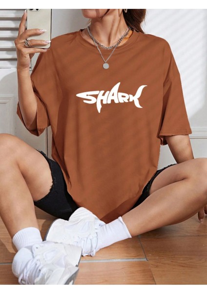 Unisex Kadın/erkek Shark Renkli Özel Baskılı Oversize Pamuk Bisiklet Yaka Penye T-Shirt
