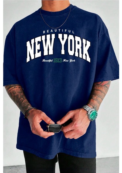 Unisex Beautiful New York Baskılı Oversize Boyamalı Tişört