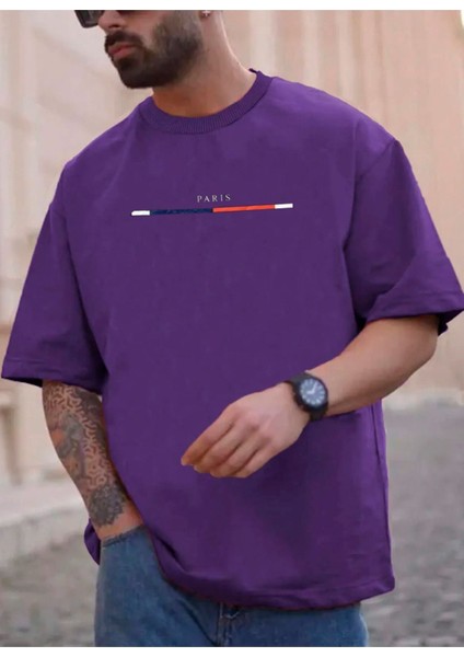 Unisex Göğüs Ince Çizgili Paris Baskılı Oversize Bisiklet Yaka Tişört