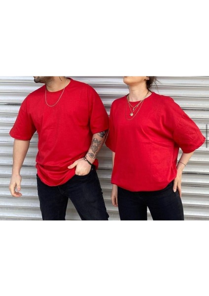 Unisex Kırmızı Bisiklet Yaka Sevgili Kombin 2 Li Paket Tshirt
