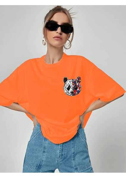 Kadın Oversize Panda Baskılı Siyah T-Shirt