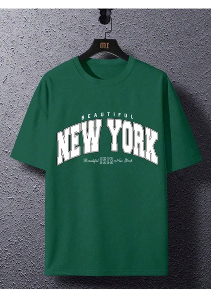 Unisex Beautiful New York Baskılı Oversize Boyamalı Tişört fırsatları