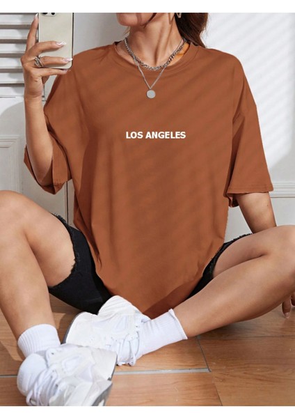 Unisex Kadın/erkek Los Angeles Renkli Özel Baskılı Oversize Pamuk Penye Bisiklet Yaka T-Shirt