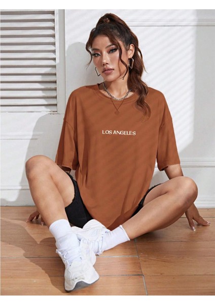 Unisex Kadın/erkek Los Angeles Renkli Özel Baskılı Oversize Pamuk Penye Bisiklet Yaka T-Shirt modelleri