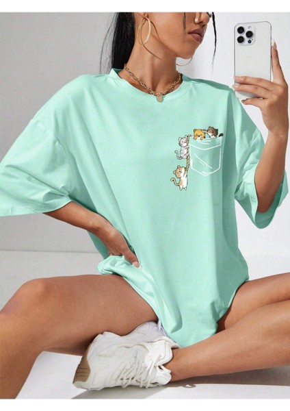Unisex Cat Renkli Özel Baskılı Oversize Pamuk Bisiklet Yaka Penye T-Shirt
