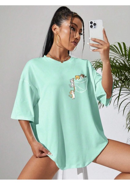 Unisex Cat Renkli Özel Baskılı Oversize Pamuk Bisiklet Yaka Penye T-Shirt fiyatları