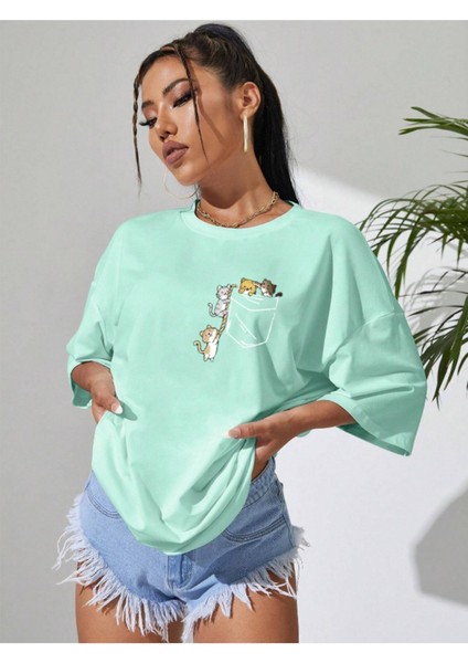 Unisex Cat Renkli Özel Baskılı Oversize Pamuk Bisiklet Yaka Penye T-Shirt fırsatları