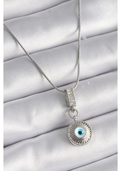 316L Çelik Gümüş Renk Zirkon Taşlı Nazar Boncuk Model Kadın Kolye - TJ-BKO9523