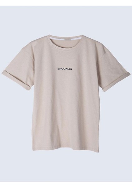 Unisex Oversize Brooklyn Baskılı T-Shirt Kısa Kollu Bisiklet Yaka
