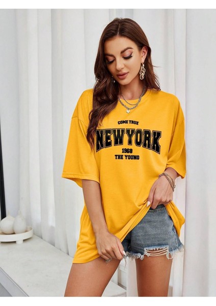 Unisex Kadın/erkek New York Özel Baskılı Renkli Oversize Penye T-Shirt
