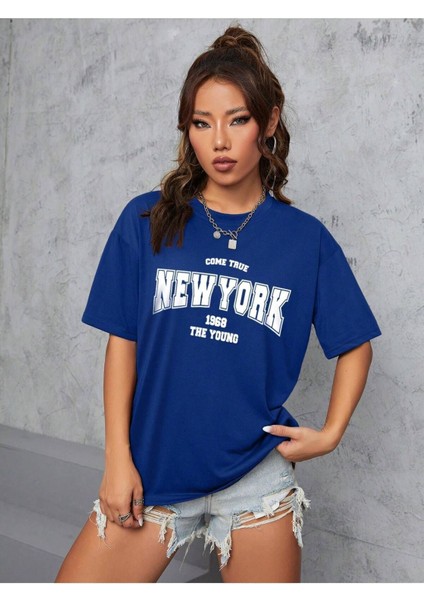 Unisex Kadın/erkek New York Özel Baskılı Renkli Oversize Penye T-Shirt