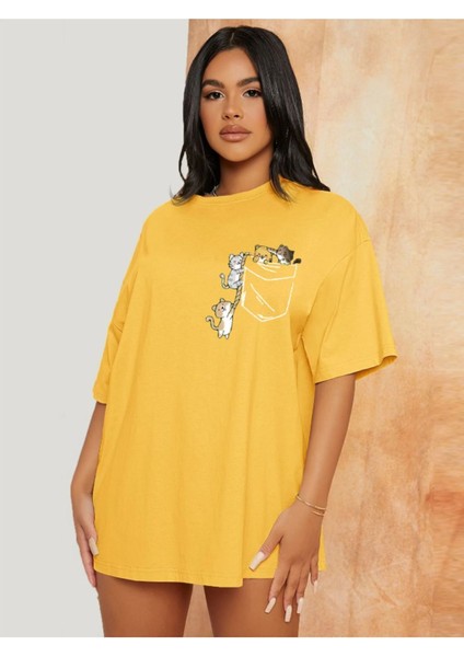 Unisex Cat Renkli Özel Baskılı Oversize Pamuk Bisiklet Yaka Penye T-Shirt
