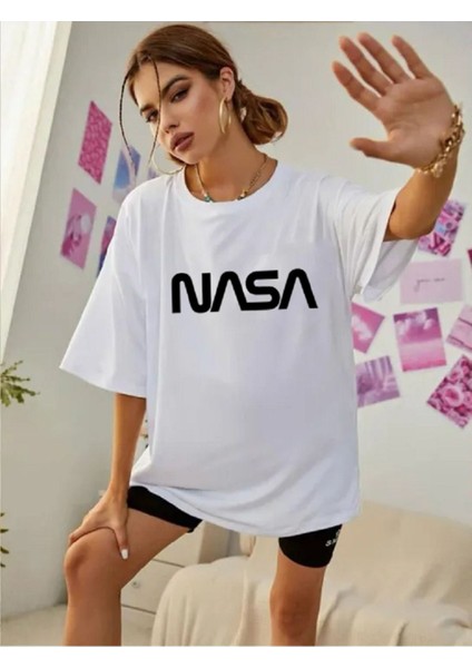 Unisex Nasa Renkli Özel Baskılı Oversize Pamuk Penye T-Shirt