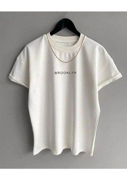 Erkek Beyaz Brooklyn Oversize Bisiklet Yaka Tshirt