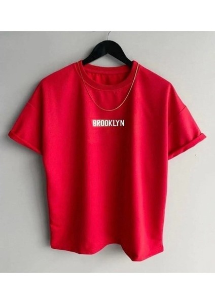Unisex Oversize Brooklyn Baskılı T-Shirt Kısa Kollu Bisiklet Yaka