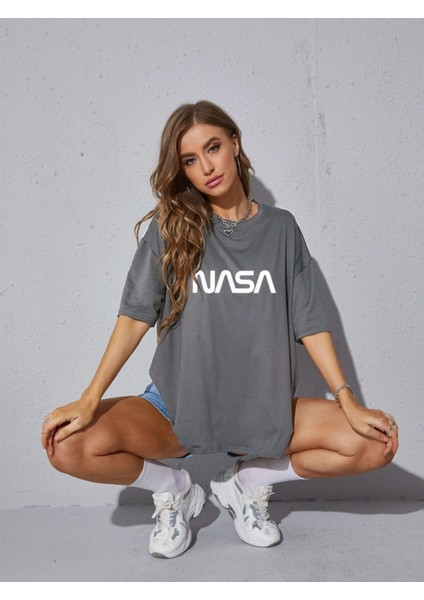 Unisex Nasa Renkli Özel Baskılı Oversize Pamuk Penye T-Shirt