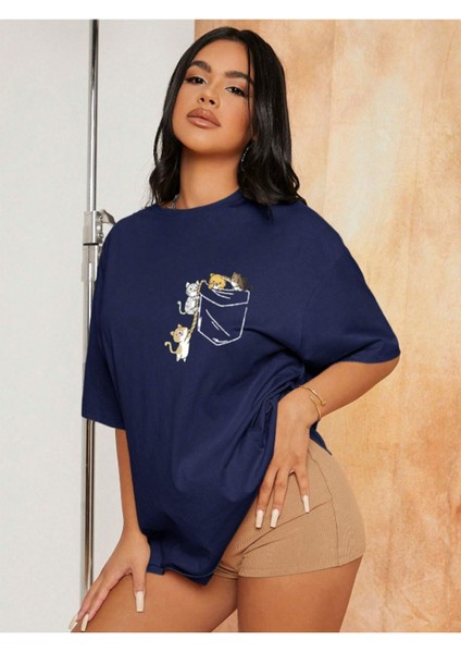 Unisex Cat Renkli Özel Baskılı Oversize Pamuk Bisiklet Yaka Penye T-Shirt