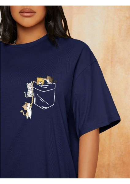 Unisex Cat Renkli Özel Baskılı Oversize Pamuk Bisiklet Yaka Penye T-Shirt fiyatları