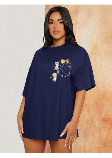 Unisex Cat Renkli Özel Baskılı Oversize Pamuk Bisiklet Yaka Penye T-Shirt modelleri