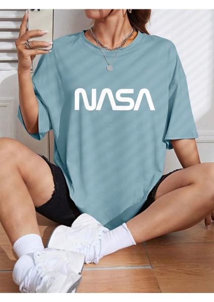 Unisex Nasa Renkli Özel Baskılı Oversize Pamuk Penye T-Shirt