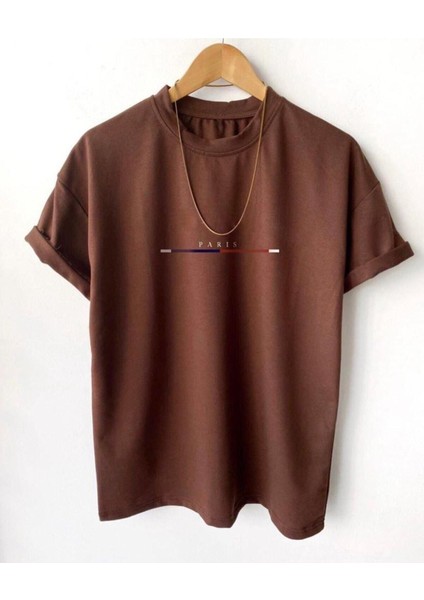 Unisex Göğüs Ince Çizgili Paris Baskılı Oversize Bisiklet Yaka Tişört