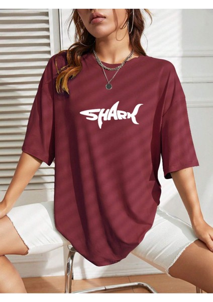 Unisex Kadın/erkek Shark Renkli Özel Baskılı Oversize Pamuk Bisiklet Yaka Penye T-Shirt