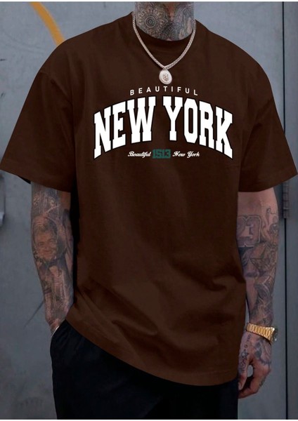 Unisex Beautiful New York Baskılı Oversize Boyamalı Tişört