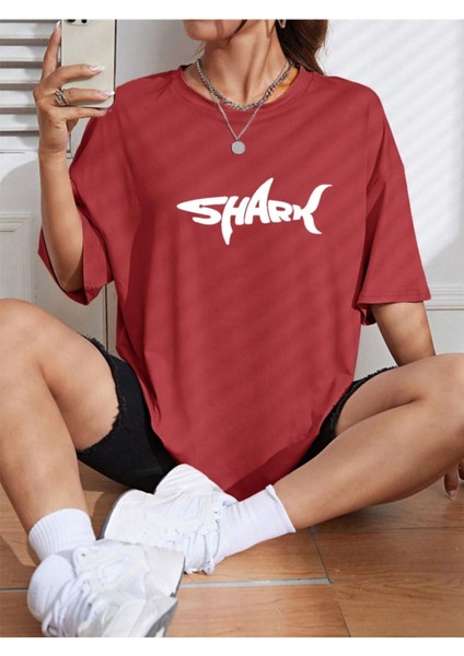 Unisex Kadın/erkek Shark Renkli Özel Baskılı Oversize Pamuk Bisiklet Yaka Penye T-Shirt