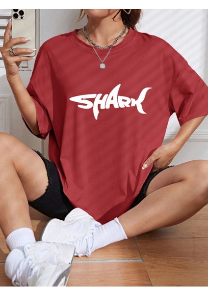 Unisex Kadın/erkek Shark Renkli Özel Baskılı Oversize Pamuk Bisiklet Yaka Penye T-Shirt indirimleri