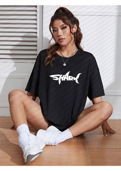 Unisex Kadın/erkek Shark Renkli Özel Baskılı Oversize Pamuk Bisiklet Yaka Penye T-Shirt fiyatları